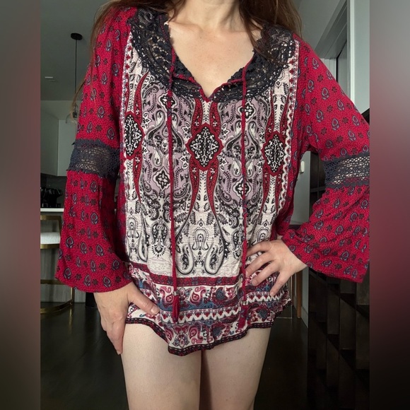 Red and Black Tie Front Embellished Blouse - Picture 1 of 11